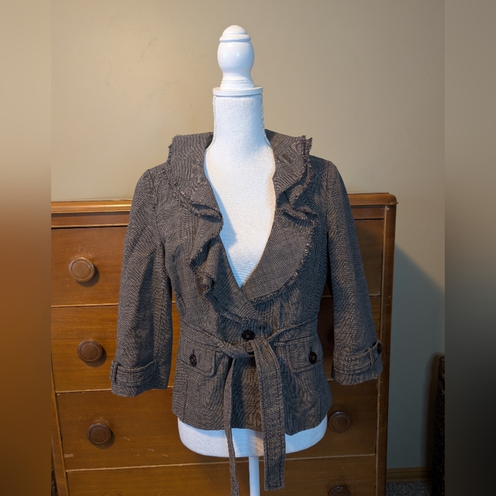 Anne Taylor LOFT Brown Tan Italian Tweed Belted Blazer Jacket SZ 6 - Picture 3 of 14